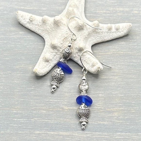Artisan Jewelry - Sea Glass Earrings Fish Charm Dangle| Cute Authentic Seaglass Drop Earrings